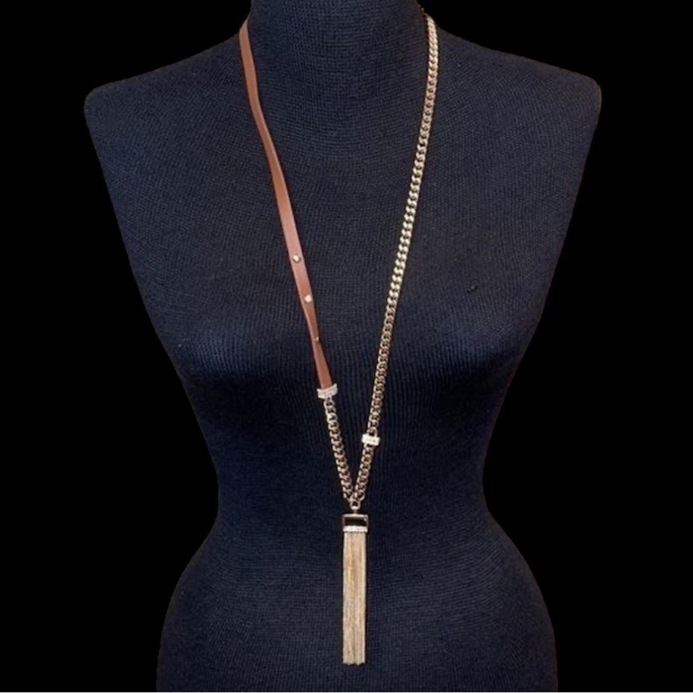 WHBM Goldtone & Brown Leather Tassel Necklace